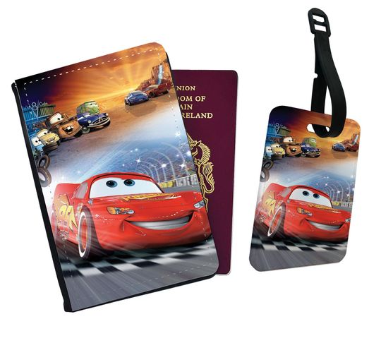 Travel Accessory Set - Faux Leather Passport Cover and Luggage Tag  Disney Mcqueen Cars with YOUR NAME