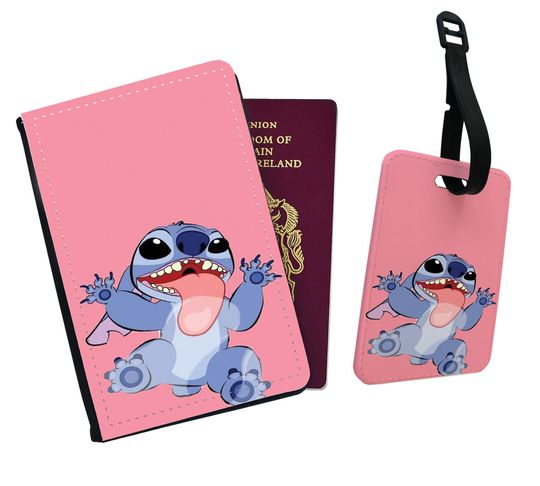 Faux Leather Passport Cover and Luggage Tag, Travel Accessory Set, Disney Lilo & Stitch, Adventure Custom Gift