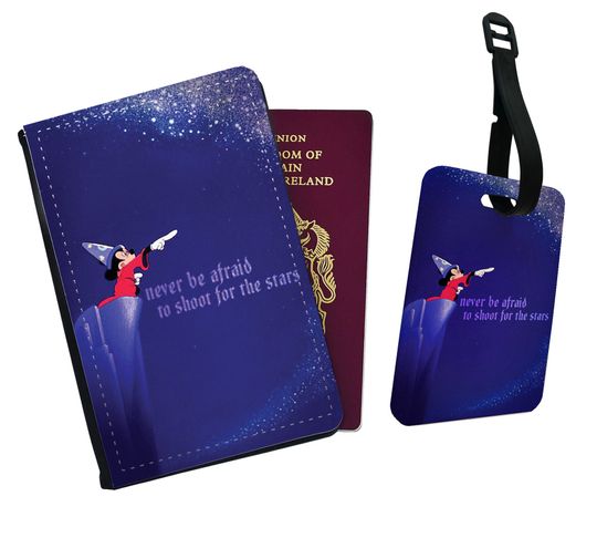 Personalised Faux Leather Passport Cover and Luggage Tag, Travel Accessory Set, Magician Mickey Mouse Fireworks