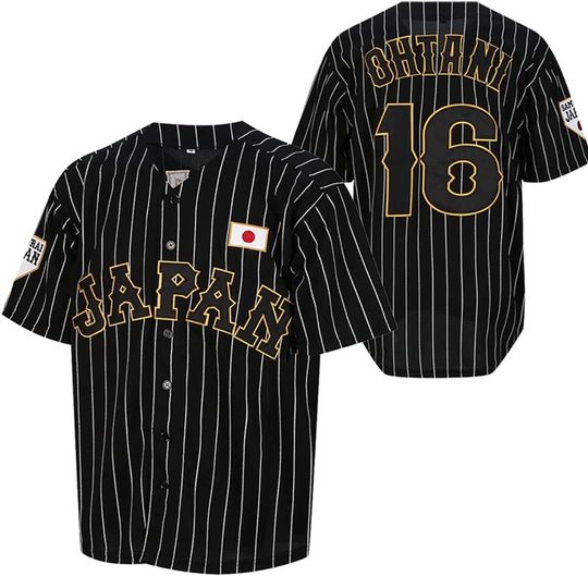 Mens Ohtani 16# Stitched Japan Baseball Jerseys White Black Pinstriped Shirts