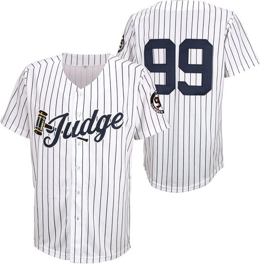 99 Baseball Jersey Embroidered Patches Sewn White Jersey with Navy Stripes