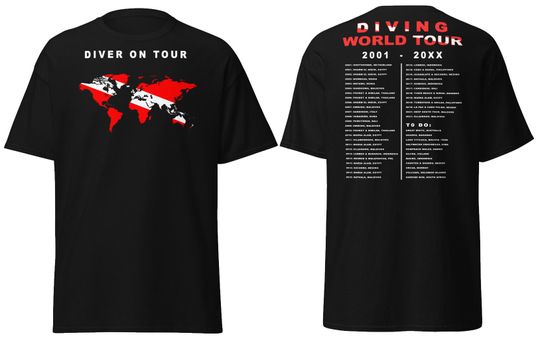 Your own personal locations on this Diver on world tour T-shirt. Back fully customizable. Please read the details for more information.