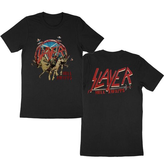 Vintage Slayer Hell Awaits Tour Black Double Sided Unisex T-Shirt