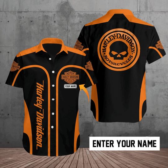 Custom Names And Colors Black Orange Harley HLD Short Sleeve Hawaiian Shirts