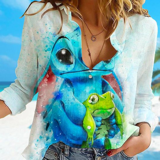 Cute Blue Dog and Frog Linen Shirt, Monsters Linen Casual Shirt