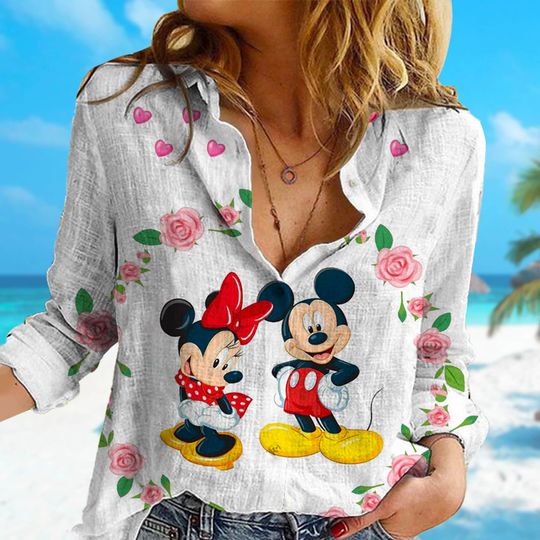 Cute Mouse Floral Linen T-Shirt, Mouse Couple Linen Casual Shirt, Movie Linen Button Shirt
