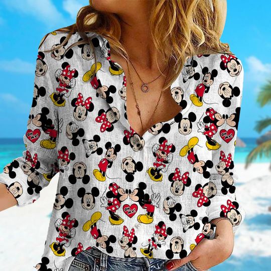 Mouse Linen Shirt, Cute Mouse Button Down Shirt, Mouse Linen Casual Shirt