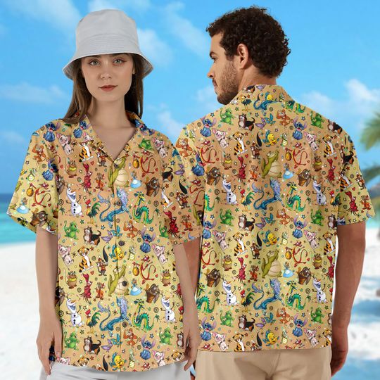 All Movie Sidekicks Characters 3D All Over Printed Hawaiian Shirt, Animated Crocodile Button Up Shirt, Yellow Fish Summer Vacation Shirt