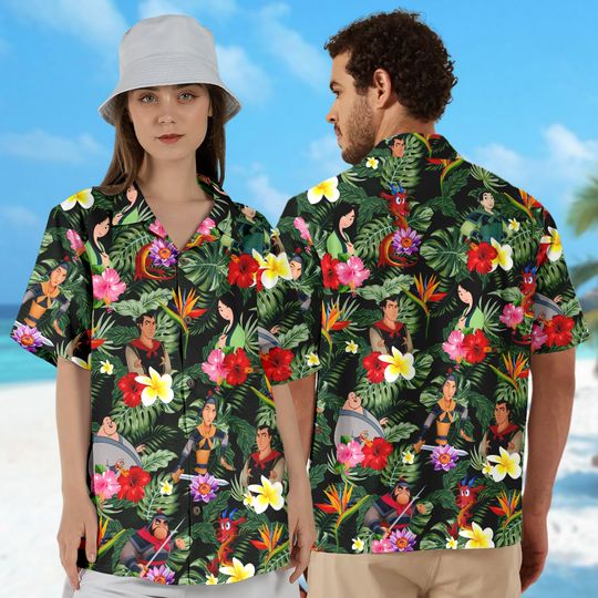 Characters With Flower Hawaii Shirt, Series Movie Button Up Shirt, Princess Movie Hawaiian Shirt, Princess Hawaii Set, Princess Beach Shorts