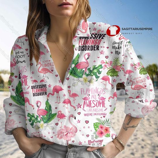 Flamingo Linen Shirt, Flamingo Long Sleeve Shirt, Flamingo Linen Shirt Women