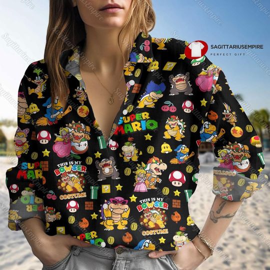 Super Mario Bowser Linen Shirt, Bowser Shirt, Bowser Button Down Shirt