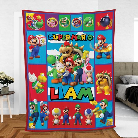 Custom Super Mario Fleece Blanket, Super Mario Lovers Gift, Super Mario Birthday Kid Gift Fleece Blanket