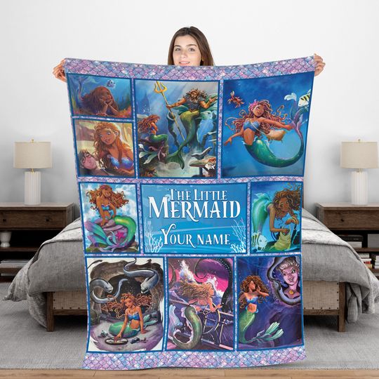 Personalized The Little Mermaid Blanket, Custom Name Ariel Princess Fleece Blanket