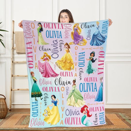 Personalized Watercolor Disney Princess Blanket, Custom Name Baby Girl Fleece Blanket
