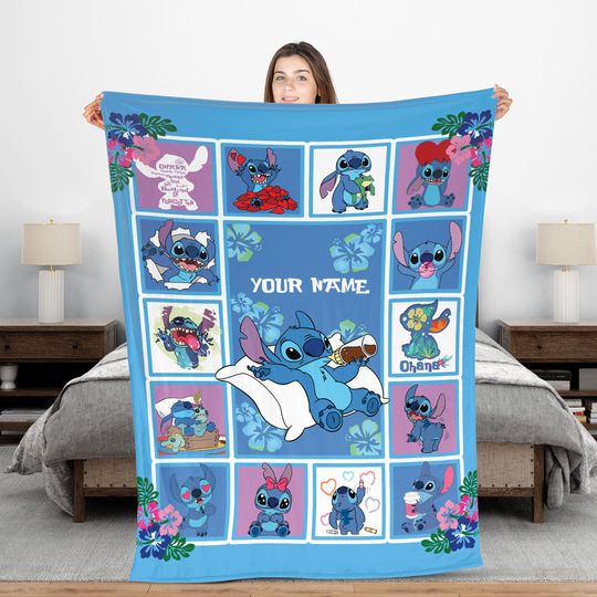 Personalized Your Name Cartoon Movie Blanket, Aloha Stitch Fleece Blanket