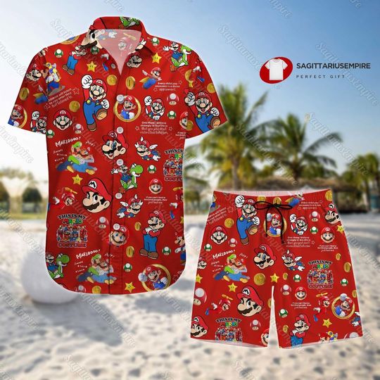 Super Mario Button Shirt And Shorts, Super Mario Hawaiian Shirt
