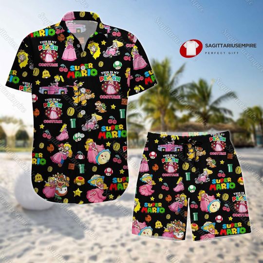 Super Mario Princess Peach Button Shirt And Shorts, Princess Peach Hawaiian Shirt