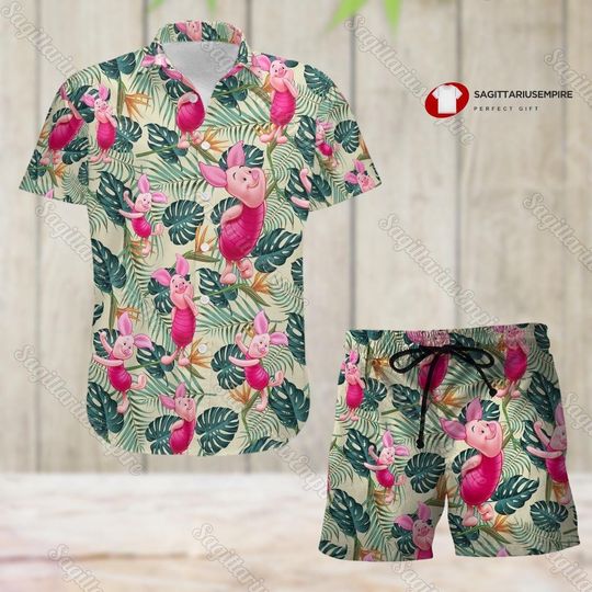 Winnie The Pooh Piglet Button Shirt And Shorts, Piglet Hawaiian Shirt, Beach Shorts