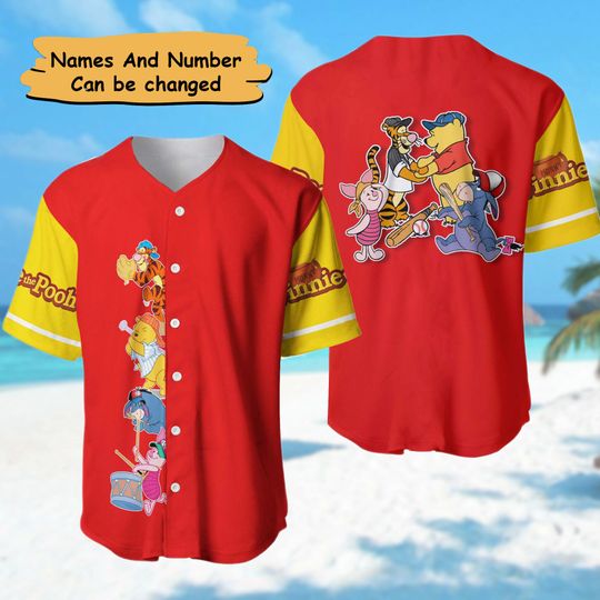 Personalized Yellow Bear and Friends Baseball Jersey, Custom Bear Baseball Jersey, Cartoon Baseball Jersey