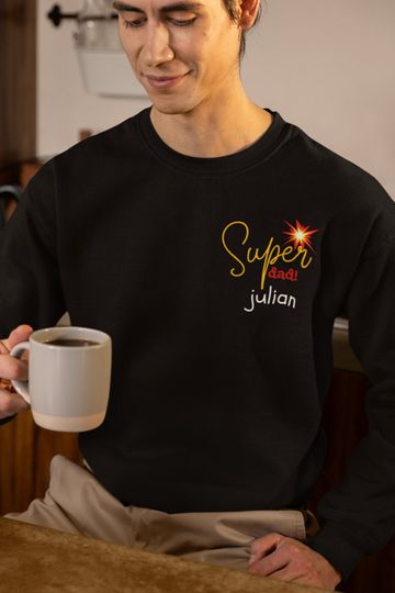 Personalize Super Dad Design Longsleeve Gift For Fathers Day, Cool Black Cozy Sweatshirt
