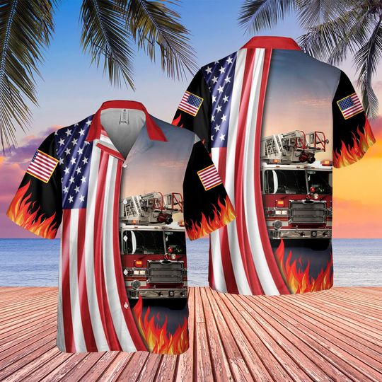 Firefighter Aloha Shirt Summer Casual Button-Down Shirts, Firefighter Hawaiian Shirt for Men