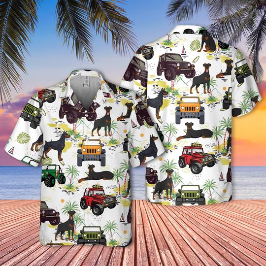 Doberman Hawaiian Shirt, Car Hawaiian Shirt, Doberman Dog Tropical Pattern Shirt, Hawaii Travel Shirt