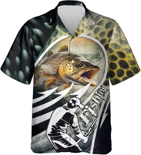 Fishing Lover Hawaiian Shirts for Men - Sport Fish Mens Hawaiian Button Down Short Sleeve Shirts Set 95