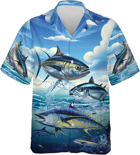 Tuna Hawaiian Shirts for Men - Tuna Fishing Casual Button Down Summer Aloha Fishing Shirt