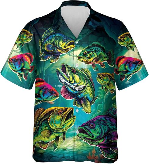 Bass Fishing Hawaiian Shirt for Men - Fisherman Casual Button Down Short Sleeve Hawaiian Shirts