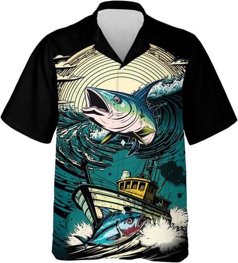 Fishing Hawaiian Shirts for Men - Tuna Fish Casual Button Down Summer Aloha Fishing Shirt