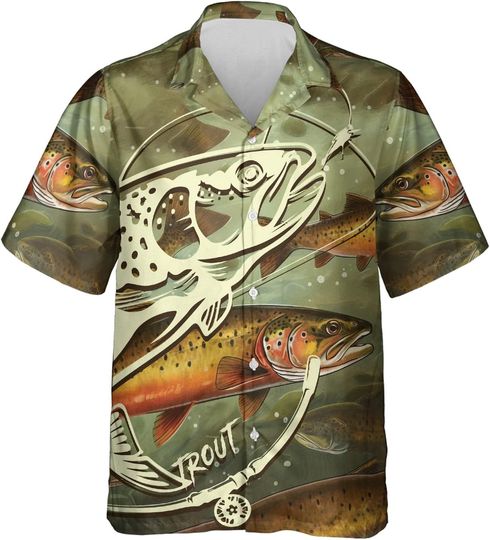 Mens Fishing Hawaiian Shirts - Fisherman Short Sleeve Casual Button Down Tropical Beach Shirt