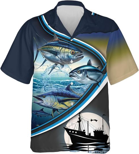 Fishing Hawaiian Shirts for Men - Tuna Fish Casual Button Down Summer Aloha Fishing Shirt