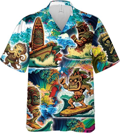 Tiki Hawaiian Shirts for Men - Aloha Tropical Button Down Mens Hawaiian Shirts