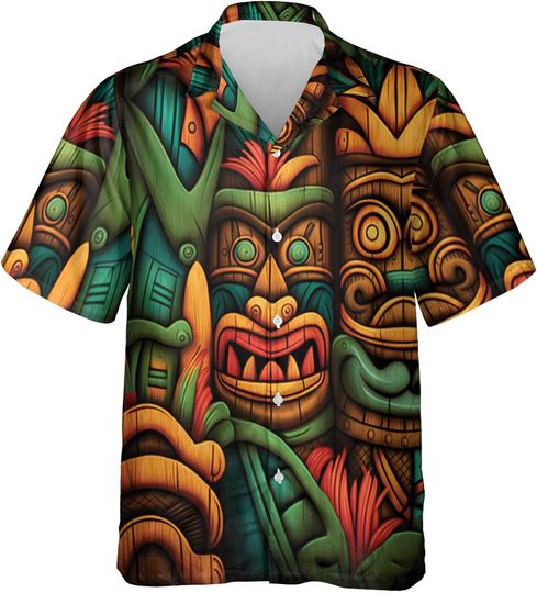Tiki Mask Mens Hawaiian Shirt - Hula Summer Shirt, Button Down Shirt Short Sleeve