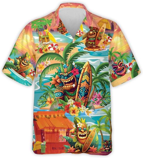 Tiki Tribal Hawaiian Shirts for Men - Tiki Men Button Down Mens Hawaiian Shirts Short Sleeve Luau Beach Shirt