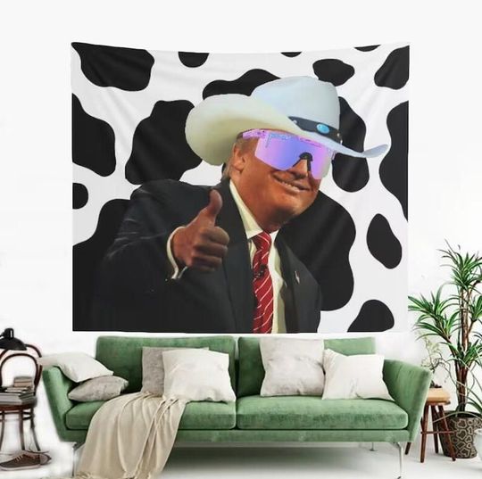 Funny Meme Wall Hanging Trump Cow Print Cowboy Hat Tapestry Art Home Bedroom College Room Hostel Dorm Party Decor Wall Flag