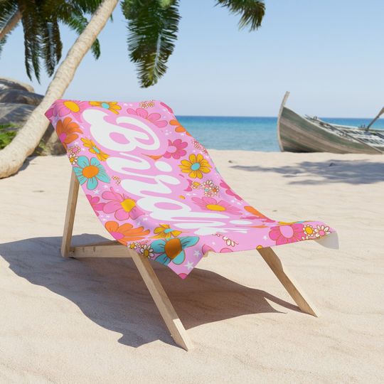 Custom Groovy Retro Name Beach Towel- Personalized Name Beach Towel Girly Flowers- Gtoovy Flower Beach Towel Custom