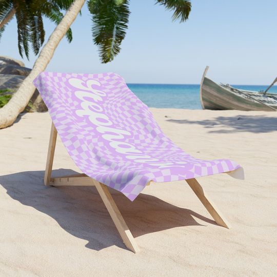 Custom Name Retro Groovy Purple Beach Towel- Personalized Name Beach Towel- Purple Checkered Groovy Retro Beach Towel