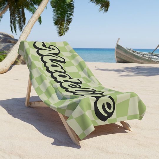 Retro Custom Name Beach Towel Green Groovy Checkered