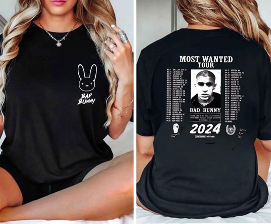 Bad Bunny Most Wanted Tour 2024 Merch Outfit, Bad Bunny Double Sided T-Shirt
