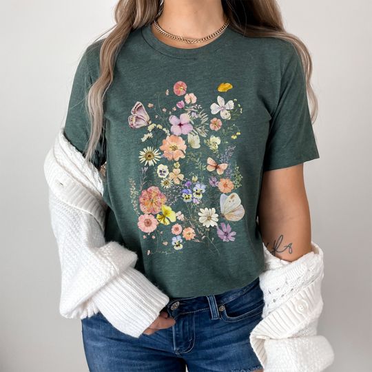 Pressed Flowers Meadow Tee, Moth, Colorful, Boho, Cottagecore, Nature, Outdoors, Tshirt, Retro, Vintage, Bella Canvas, Tee, Floral