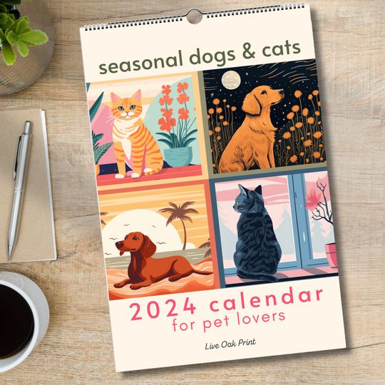 Wall Calendar 2024 - Dogs and Cats Calendar -  Pets Calendar - Pet Lover Gift