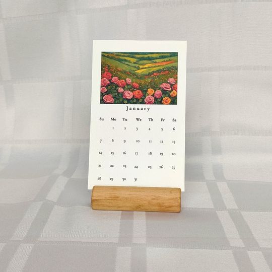 2024 desk calendar, gouache floral art mini desktop calendar