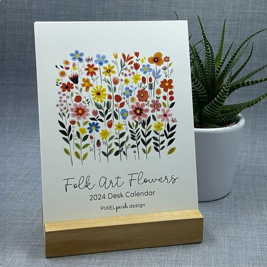 2024 Desk Calendar, Folk Art Flowers, Desk Calendar with wood stand