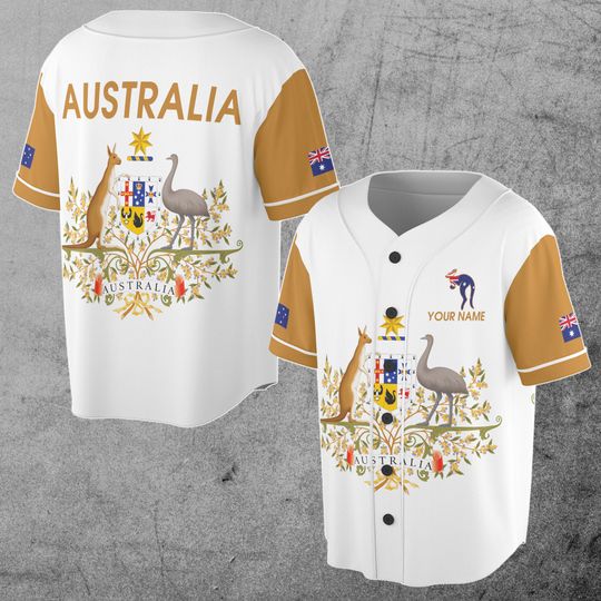 Australia Flag Coat of Arms White Customize Name 3D Baseball Jersey