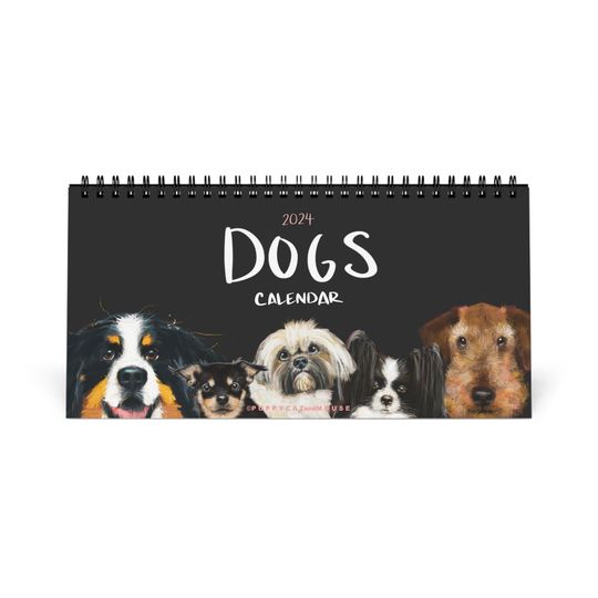 Dogs Calendar 2024, Funny Dogs Calendar, Illustrated Dogs, Cute 12 Month Desk Calendar