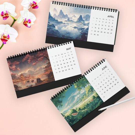 Kawaii Anime Landscape Desk Calendar, 4 Seasons, Cute Home Office Decor
