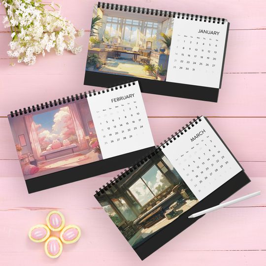 Kawaii Anime Landscape Desk Calendar, Lofi Room Desk Calendar, Cute Home Office Decor