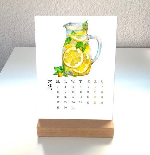 2024 Desk calendar with wooden stand, Gift for Citrus lover, Lemon lover gift