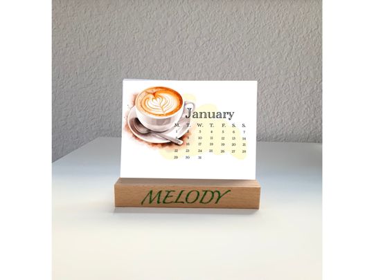 Coffee 2024 Desk calendar with wooden stand, Gift for Coffee lover